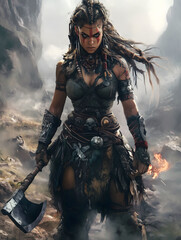 Obraz premium A warrior princess with tattoos and armor standing on a battlefield
