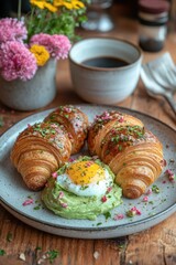 Delicious Brunch with Croissants and Avocado Egg on Rustic Table