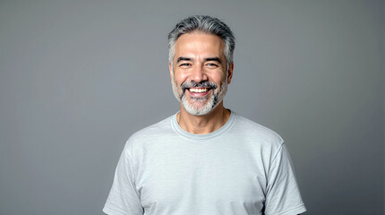 Obraz premium Happy mature man smiling against gray background positive and friendly portrait
