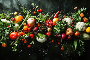 Water splashes over fresh vegetables on a cutting board.