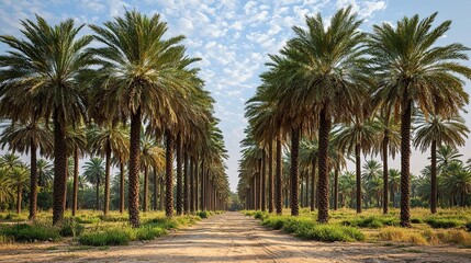Obraz premium Lush palm tree pathway through a serene oasis landscape during a bright daylight in a tropical region