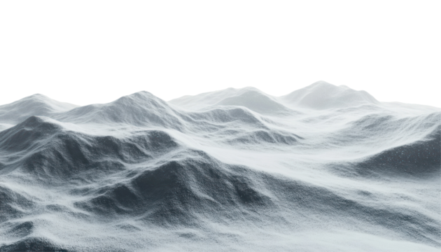 A digitally rendered image depicts a snow covered mountain range against a pure black background.