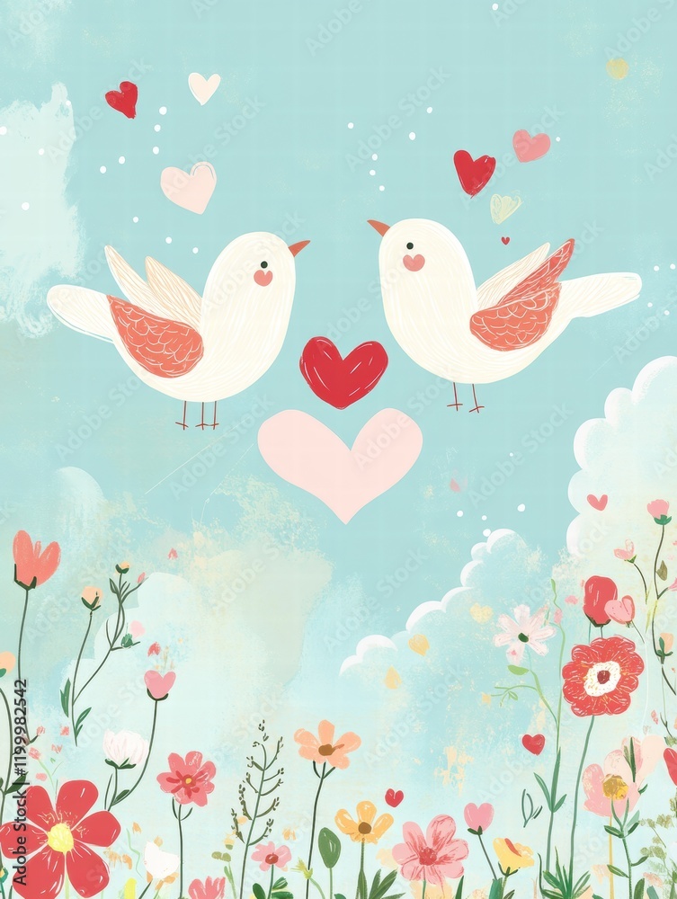 Poster adorable birds exchanging affection surrounded by colorful flowers and a soft blue sky. generative a