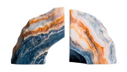 A pair of elegant marble bookends featuring a unique blend of blue orange and white swirls creating a striking artistic piece for home or office decor.
