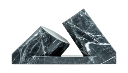 A modern abstract sculpture crafted from dark marble with contrasting white veining  features geometric shapes on a base.