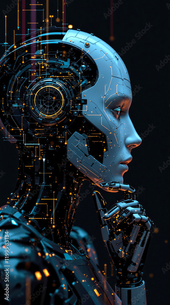 Aufkleber thoughtful humanoid robot internal circuitry futuristic design thinking and processing analytics rea