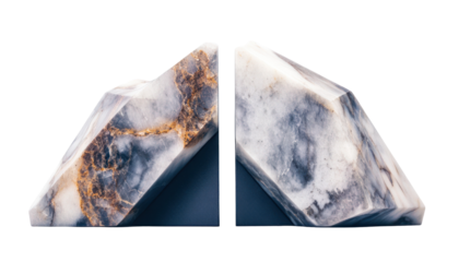 A pair of stylish marble bookends with a modern geometric design and unique veining patterns.