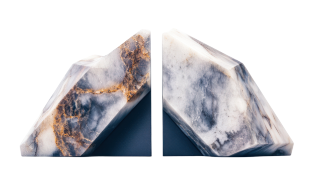 A pair of stylish marble bookends with a modern geometric design and unique veining patterns.