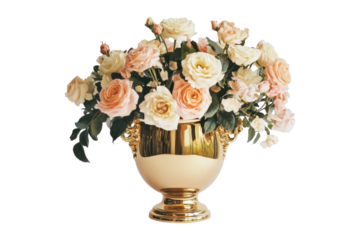 A lavish arrangement of peach and cream roses sits elegantly in a gold urn shaped vase, creating a stunning floral display.