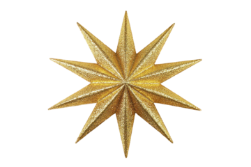 A glittering gold twelve-pointed star Christmas ornament against a black background.