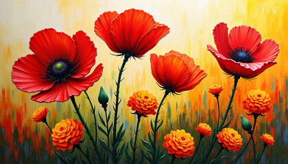 Obraz premium Vibrant poppies and marigolds blooming in impasto style, floral beauty