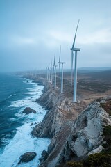  Row of wind turbines spanning coastal landscape with crashing waves below, symbolizing renewable energy, sustainable practices, and harmony between technology and nature.
