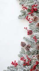 Snowcovered fir branches and berries christmas border flat lay