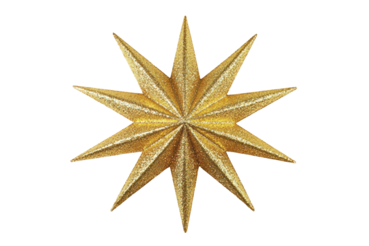 A glittering gold twelve-pointed star Christmas ornament against a black background.