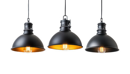 Three black metal pendant lamps with exposed Edison bulbs hang against a dark background showcasing their industrial design.