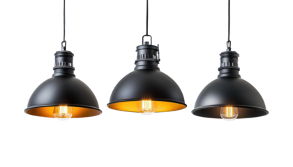 Three black metal pendant lamps with exposed Edison bulbs hang against a dark background showcasing their industrial design.