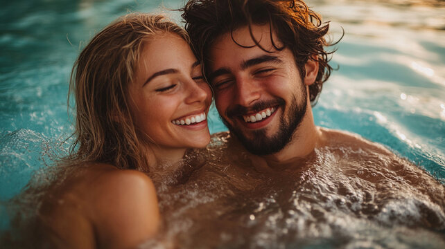 Happy couple enjoying playful moment in pool during their honeymoon trip . Their joyful expressions reflect love and connection, creating warm and inviting atmosphere