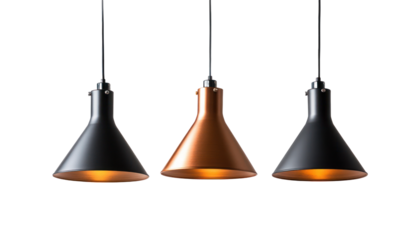 The image shows three illuminated pendant lights with black and copper cone-shaped shades hanging against a black background.