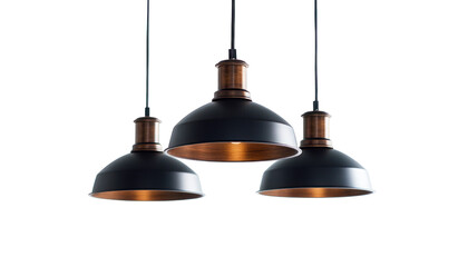 Obraz premium A trio of stylish black and copper pendant lamps hang against a stark black background showcasing their modern design.