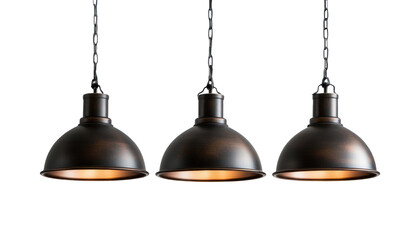 The image shows three identical bronze industrial-style pendant lamps hanging from chains against a black background.