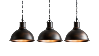 The image shows three identical bronze industrial-style pendant lamps hanging from chains against a black background.