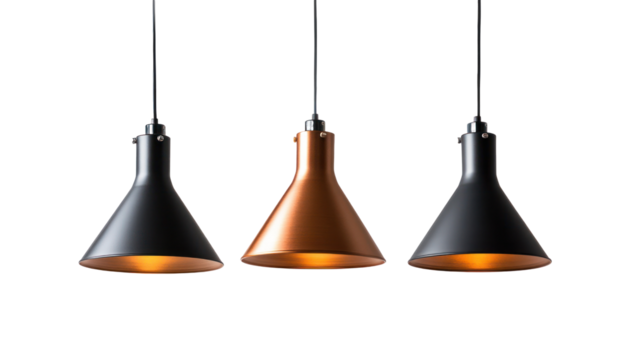 The image shows three illuminated pendant lights with black and copper cone-shaped shades hanging against a black background.