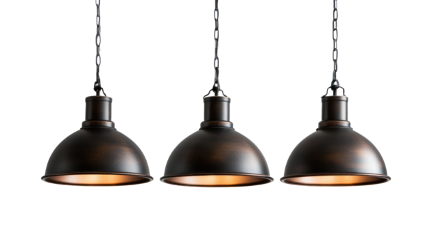 The image shows three identical bronze industrial-style pendant lamps hanging from chains against a black background.