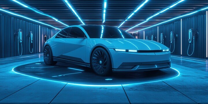 Wireless charging pad for EVs in a futuristic garage backdrop, seamless inductive charging theme