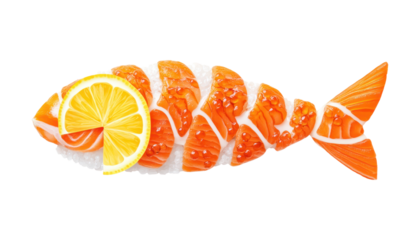 A creatively arranged salmon sushi piece shaped like a fish, garnished with lemon and caviar.