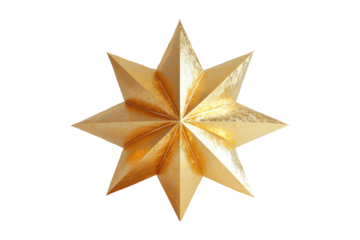 A detailed 3D rendering of a golden eight-pointed star against a black background.