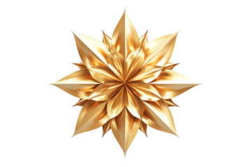 A digitally rendered image of a stylized golden flower with sharp petals against a black background.