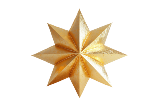 A detailed 3D rendering of a golden eight-pointed star against a black background.
