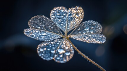 Dew-kissed four-leaf clover close-up, dark background, natural light