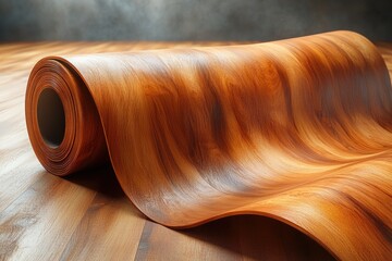 A high-angle shot of a wooden floor with a rolled-up piece of wood, ideal for use in architectural or interior design contexts
