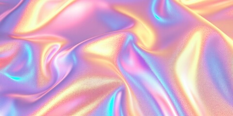 Obraz premium Colorful iridescent, holographic rainbow foil texture background. Iridescent fabric trendy cloth holographic texture purple pink blue metal