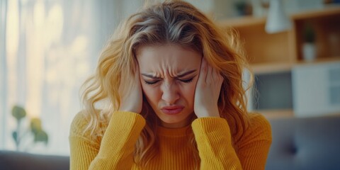 A woman sits at a table with her hands on her head, possibly feeling stressed or overwhelmed