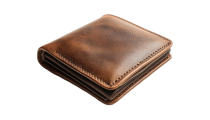 A small square brown leather wallet is shown closed against a black background.