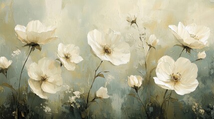 Dreamy field of white blossoms in soft green and cream hues