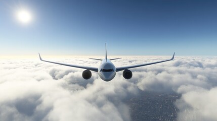 Obraz premium An airplane soaring above the clouds right after takeoff, with a bright sky and the city visible below.