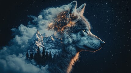 Fototapeta premium Majestic wolf with a mountain landscape and clouds in its silhouette