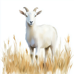Obraz premium Illustration of the Domestic Goat, soft watercolor tones, white background, detailed illustration, cartoonish.