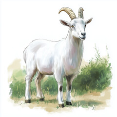 Fototapeta premium Illustration of the Domestic Goat, soft watercolor tones, white background, detailed illustration, cartoonish.