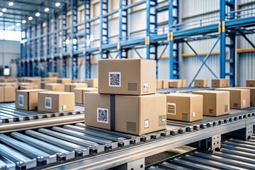 Logistics. Intelligent, automatic packaging of parcels in a warehouse, tags and QR codes in cardboard boxes for effective tracking, authentication and tracking.