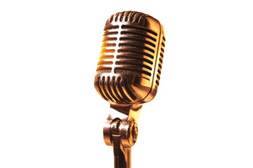 A close-up image showcases a vintage gold microphone against a black background, highlighting its classic design and metallic finish.
