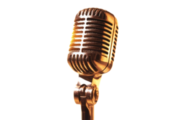 A close-up image showcases a vintage gold microphone against a black background, highlighting its classic design and metallic finish.