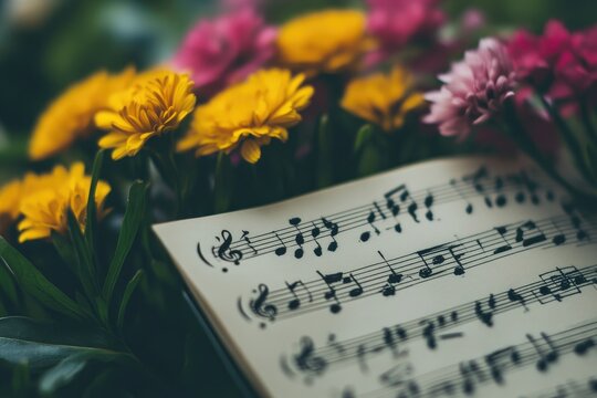 Melody in Bloom: Musical Notes Amidst Vibrant Flowers - Powered by Adobe