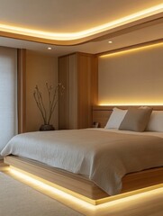 Modern Minimalist Bedroom With Warm Lighting And Wooden Accents
