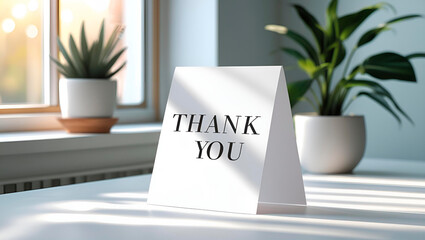 Elegant "Thank You" card on a table surrounded by potted plants in a sunlit room, copy space
