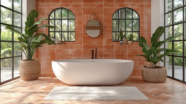 Modern bathroom with terracotta tiles, freestanding bathtub, large windows, and plants.