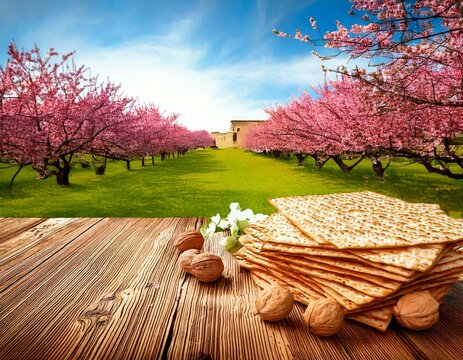 Passover celebration concept. Matzah, red kosher and walnut. Traditional ritual Jewish bread